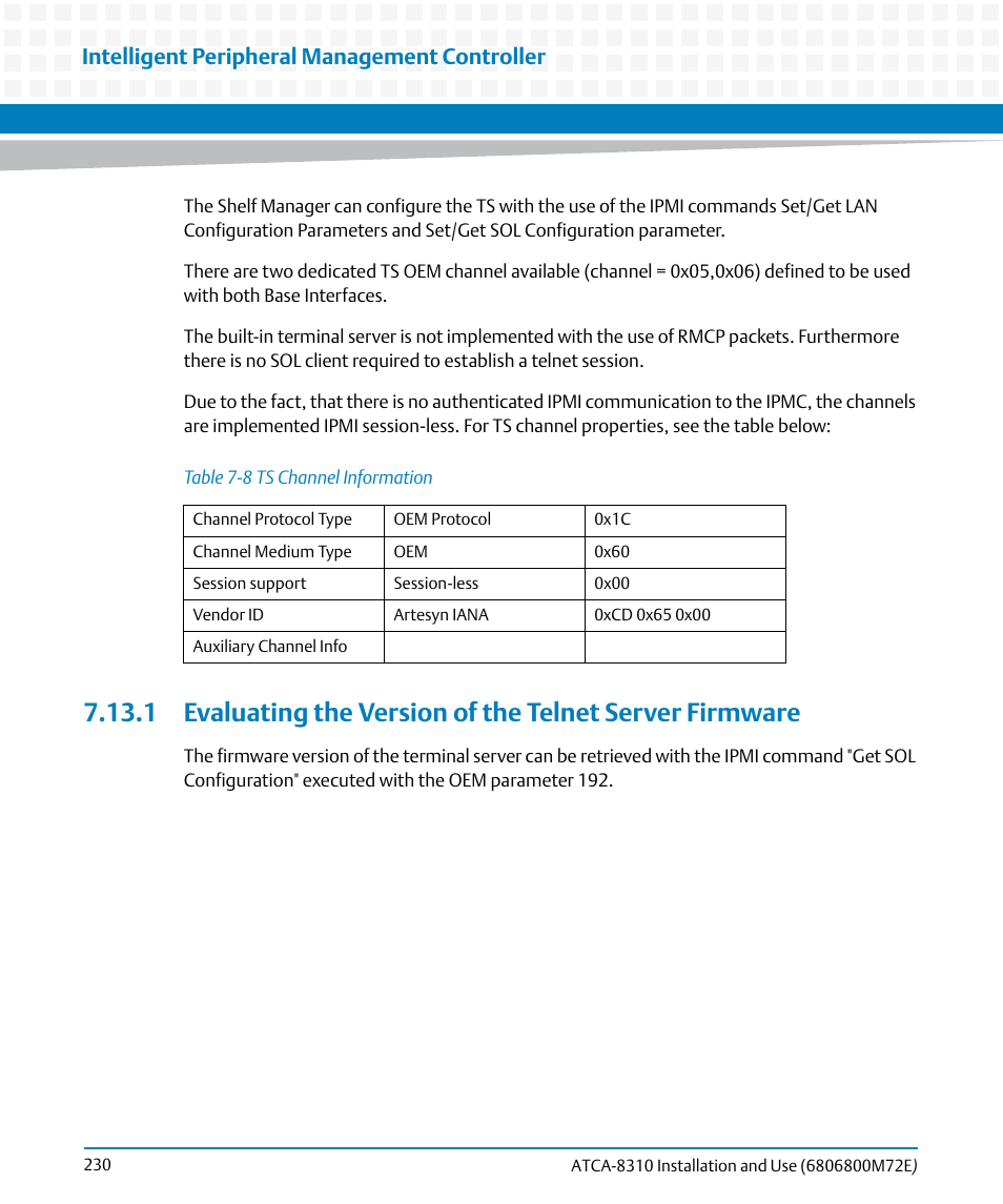 Table 7-8, Ts channel information, Intelligent peripheral management controller | Artesyn ATCA-8310 Installation and Use (May 2014) User Manual | Page 230 / 456