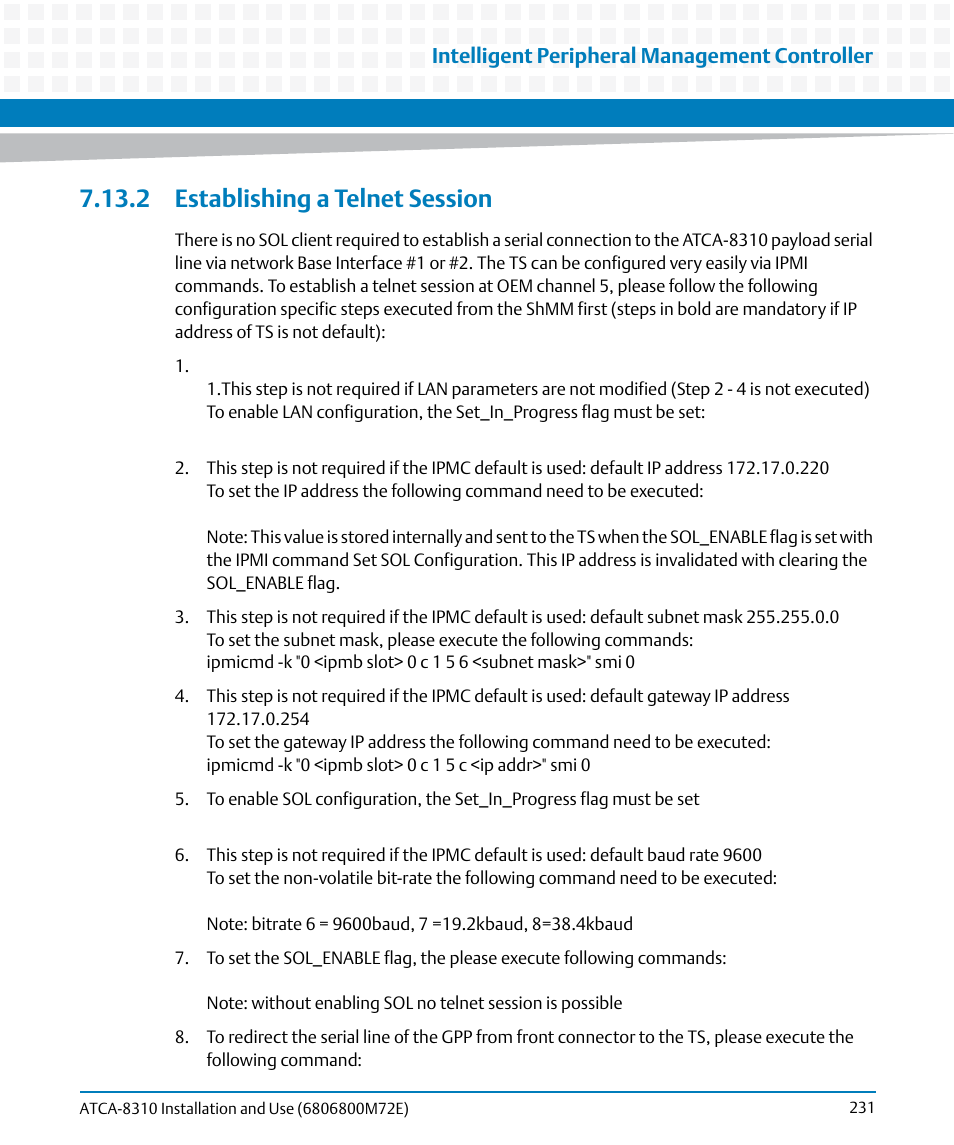 2 establishing a telnet session, Intelligent peripheral management controller | Artesyn ATCA-8310 Installation and Use (May 2014) User Manual | Page 231 / 456