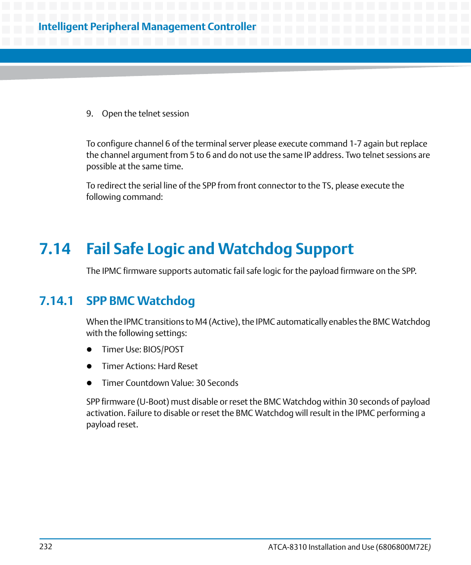 14 fail safe logic and watchdog support, 1 spp bmc watchdog | Artesyn ATCA-8310 Installation and Use (May 2014) User Manual | Page 232 / 456