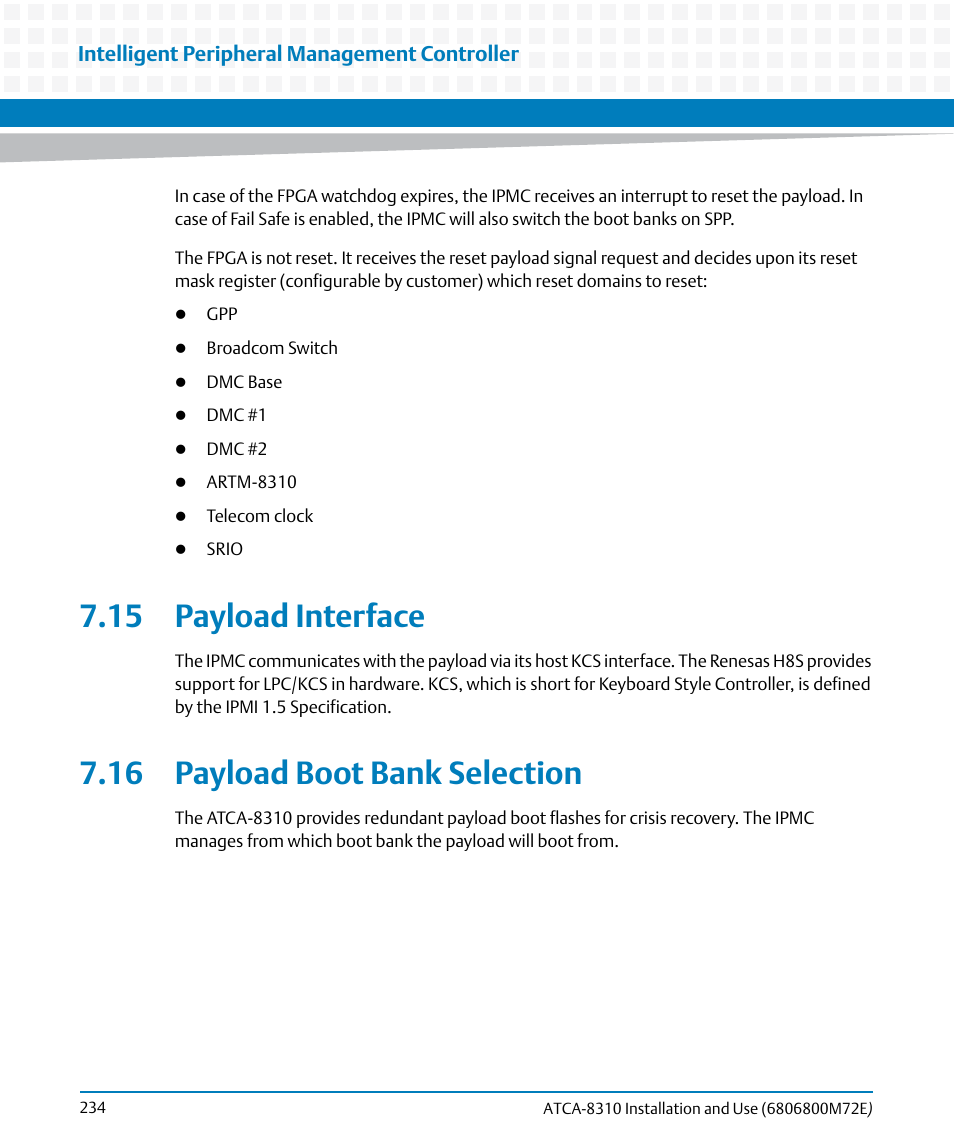 15 payload interface, 16 payload boot bank selection, Intelligent peripheral management controller | Artesyn ATCA-8310 Installation and Use (May 2014) User Manual | Page 234 / 456