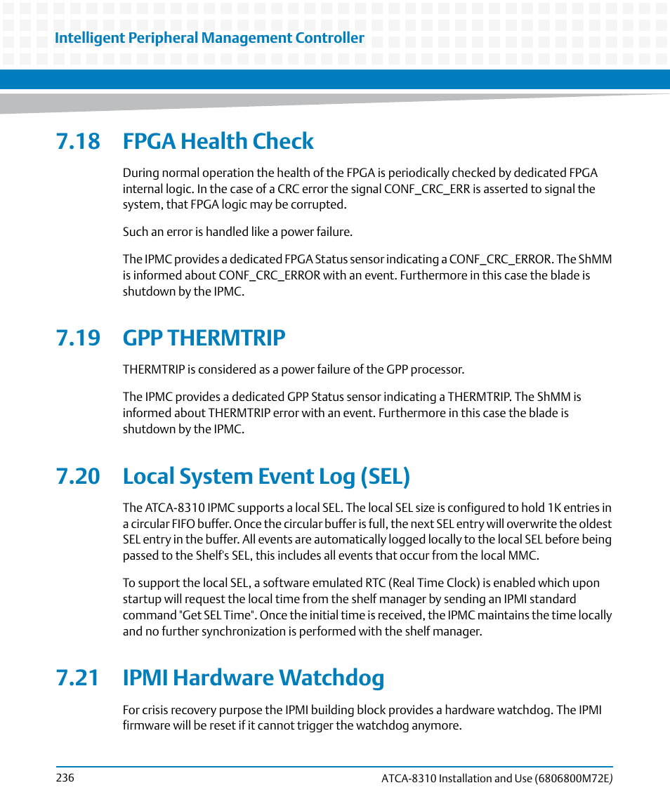 18 fpga health check, 19 gpp thermtrip, 20 local system event log (sel) | 21 ipmi hardware watchdog | Artesyn ATCA-8310 Installation and Use (May 2014) User Manual | Page 236 / 456