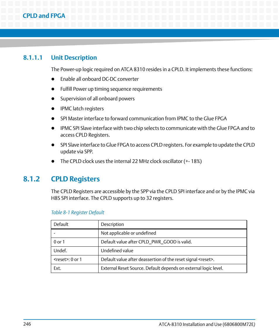 1 unit description, 2 cpld registers, Table 8-1 | Register default, Cpld and fpga | Artesyn ATCA-8310 Installation and Use (May 2014) User Manual | Page 246 / 456