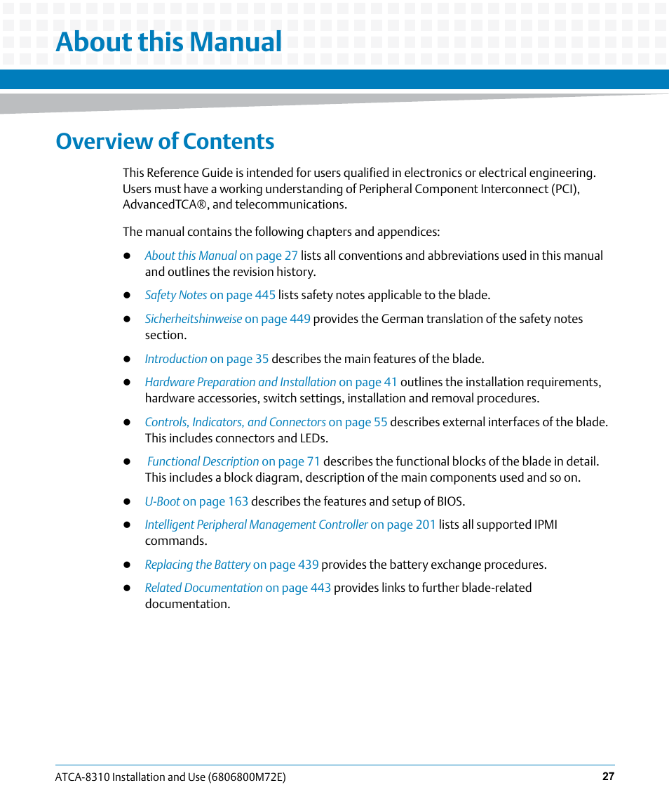 About this manual, Overview of contents | Artesyn ATCA-8310 Installation and Use (May 2014) User Manual | Page 27 / 456