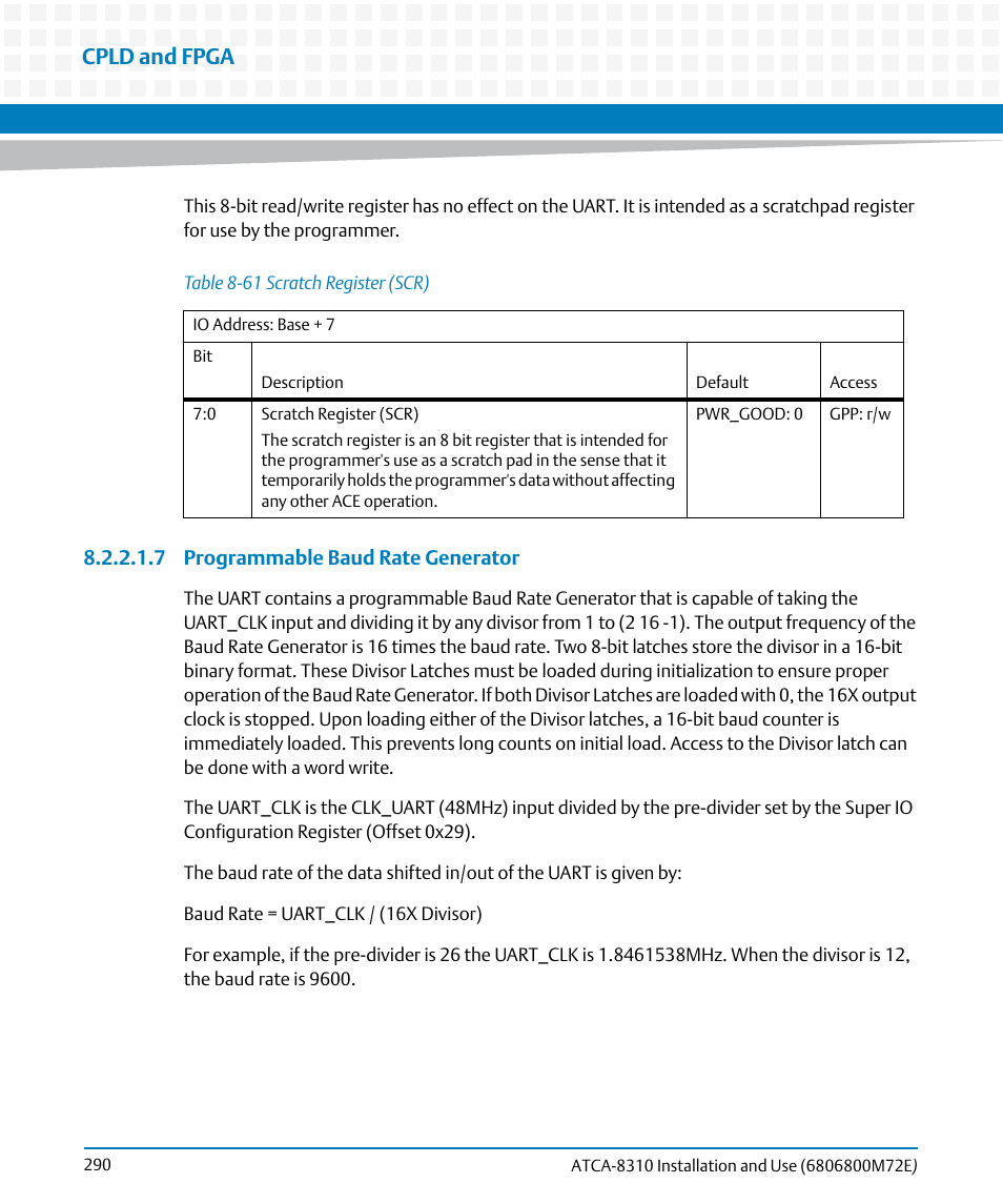 Table 8-61, Scratch register (scr), Cpld and fpga | Artesyn ATCA-8310 Installation and Use (May 2014) User Manual | Page 290 / 456