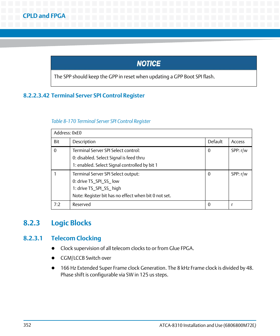 3 logic blocks, 1 telecom clocking, Table 8-170 | Terminal server spi control register, Cpld and fpga | Artesyn ATCA-8310 Installation and Use (May 2014) User Manual | Page 352 / 456