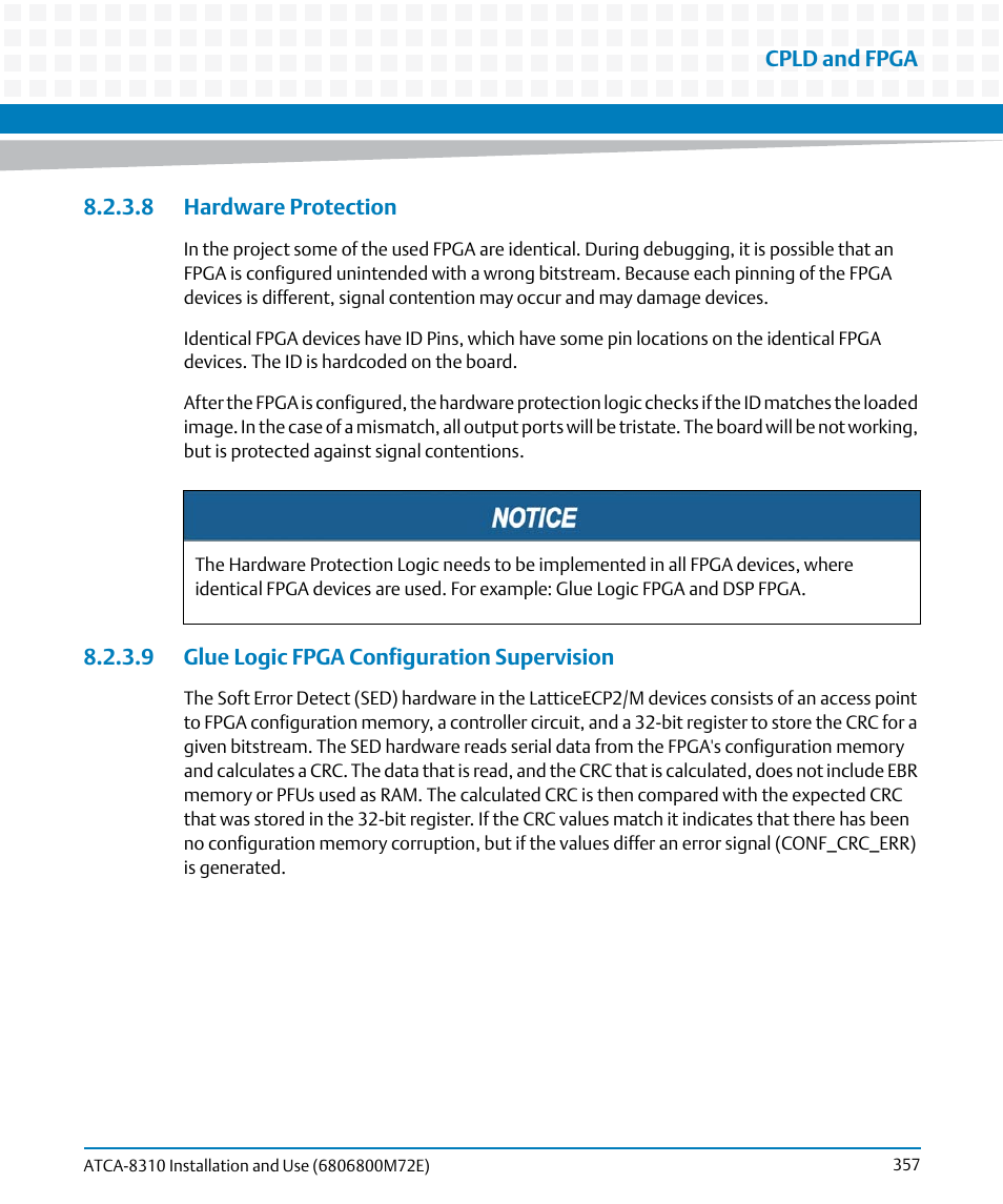8 hardware protection, 9 glue logic fpga configuration supervision | Artesyn ATCA-8310 Installation and Use (May 2014) User Manual | Page 357 / 456