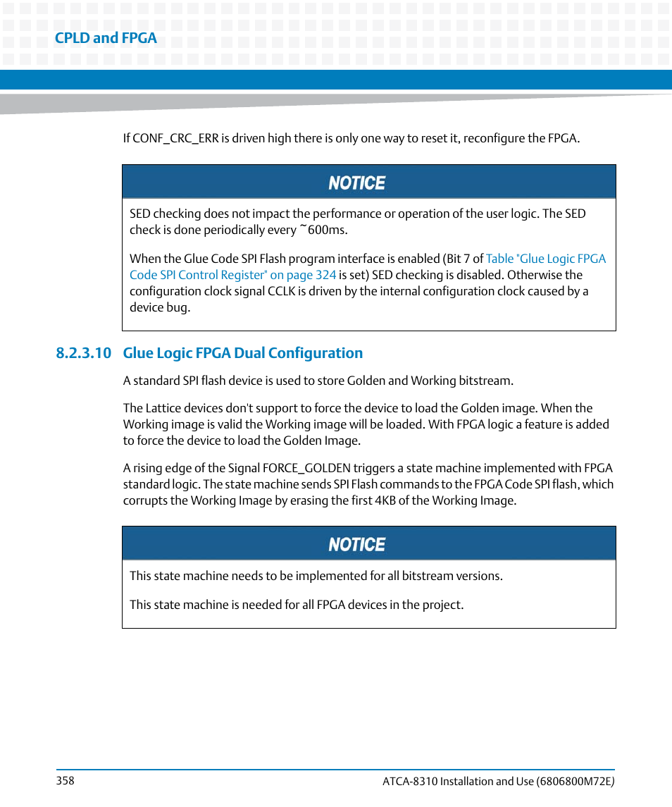 10 glue logic fpga dual configuration, Cpld and fpga | Artesyn ATCA-8310 Installation and Use (May 2014) User Manual | Page 358 / 456