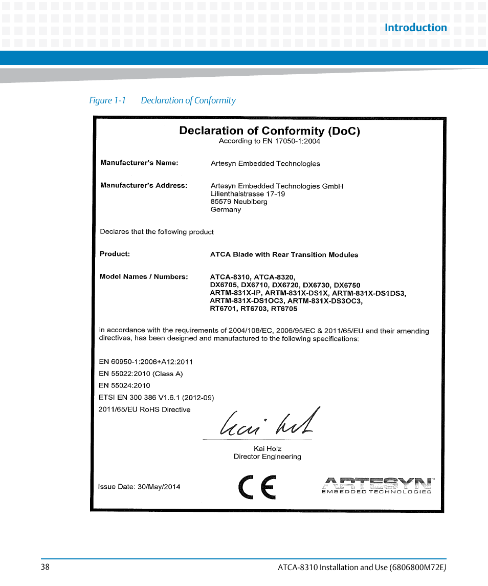 Figure 1-1, Declaration of conformity, Introduction | Artesyn ATCA-8310 Installation and Use (May 2014) User Manual | Page 38 / 456