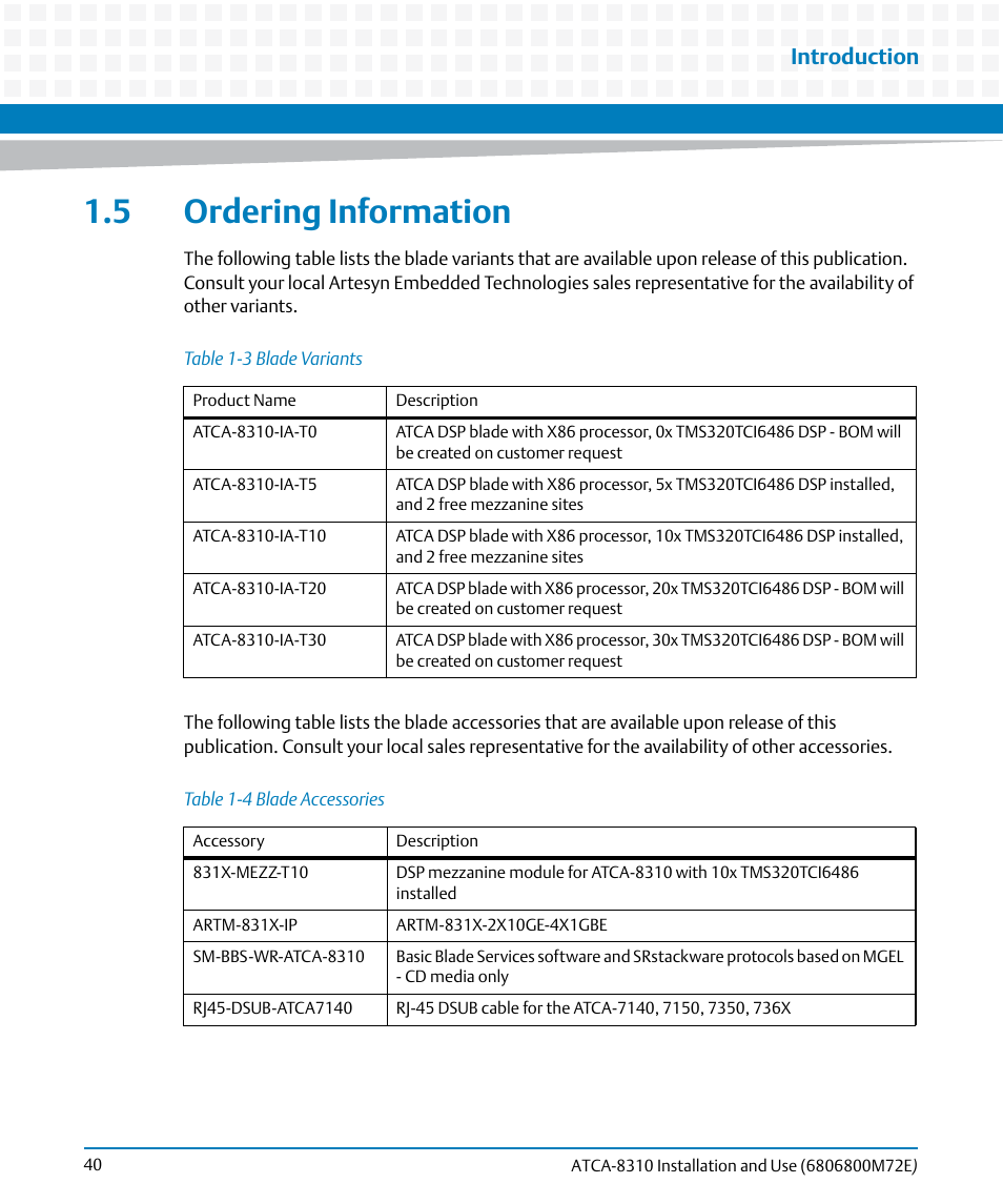 5 ordering information, Table 1-3, Blade variants | Table 1-4, Blade accessories, Introduction | Artesyn ATCA-8310 Installation and Use (May 2014) User Manual | Page 40 / 456