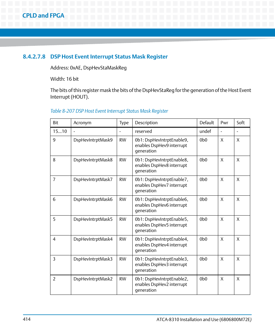 Table 8-207, Dsp host event interrupt status mask register, Cpld and fpga | 8 dsp host event interrupt status mask register | Artesyn ATCA-8310 Installation and Use (May 2014) User Manual | Page 414 / 456