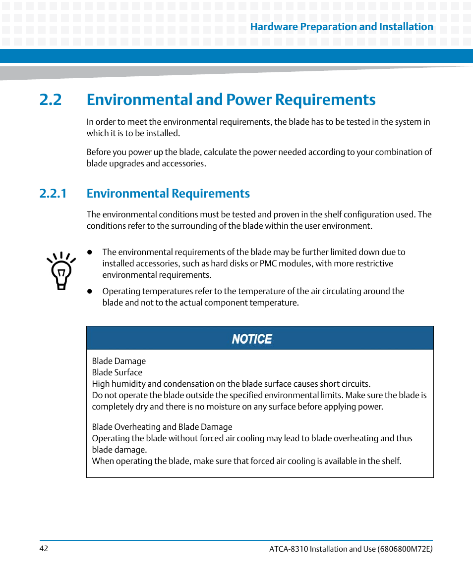 2 environmental and power requirements, 1 environmental requirements | Artesyn ATCA-8310 Installation and Use (May 2014) User Manual | Page 42 / 456