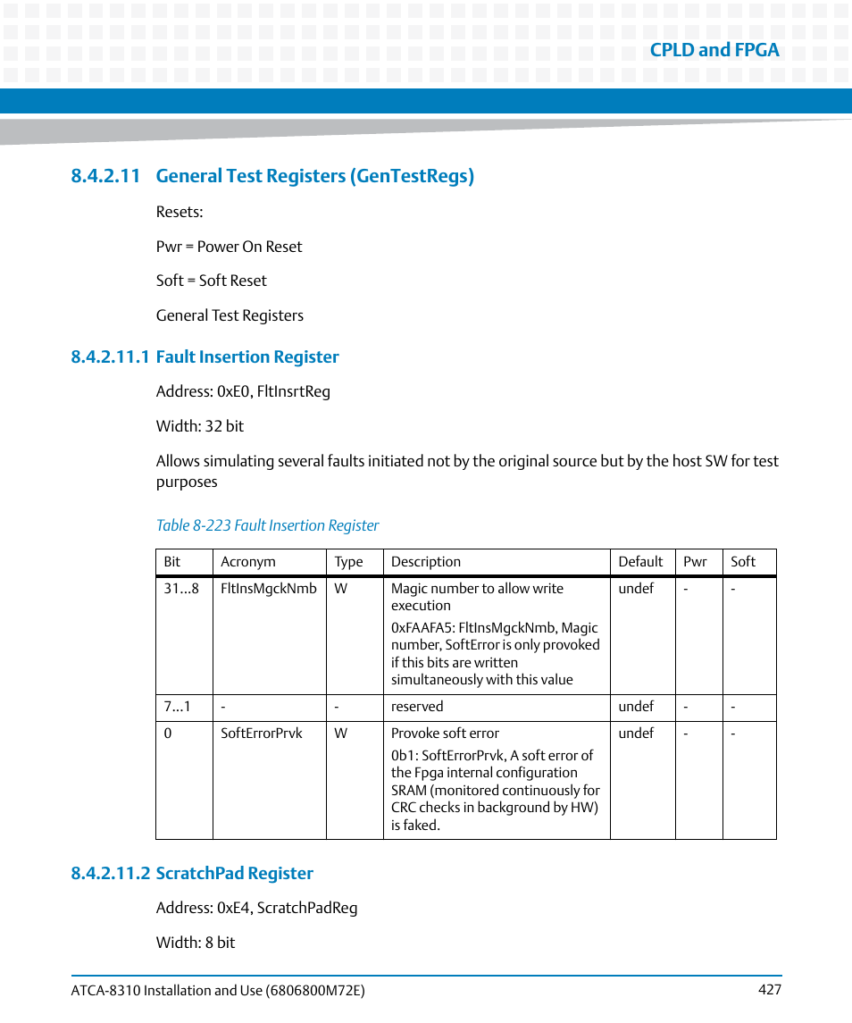 11 general test registers (gentestregs), Table 8-223, Fault insertion register | Cpld and fpga | Artesyn ATCA-8310 Installation and Use (May 2014) User Manual | Page 427 / 456