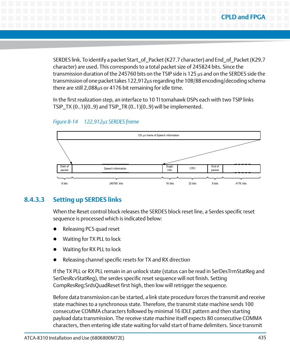3 setting up serdes links, Figure 8-14, 122,912μs serdes frame | Cpld and fpga, Releasing pcs quad reset, Waiting for tx pll to lock, Waiting for rx pll to lock | Artesyn ATCA-8310 Installation and Use (May 2014) User Manual | Page 435 / 456
