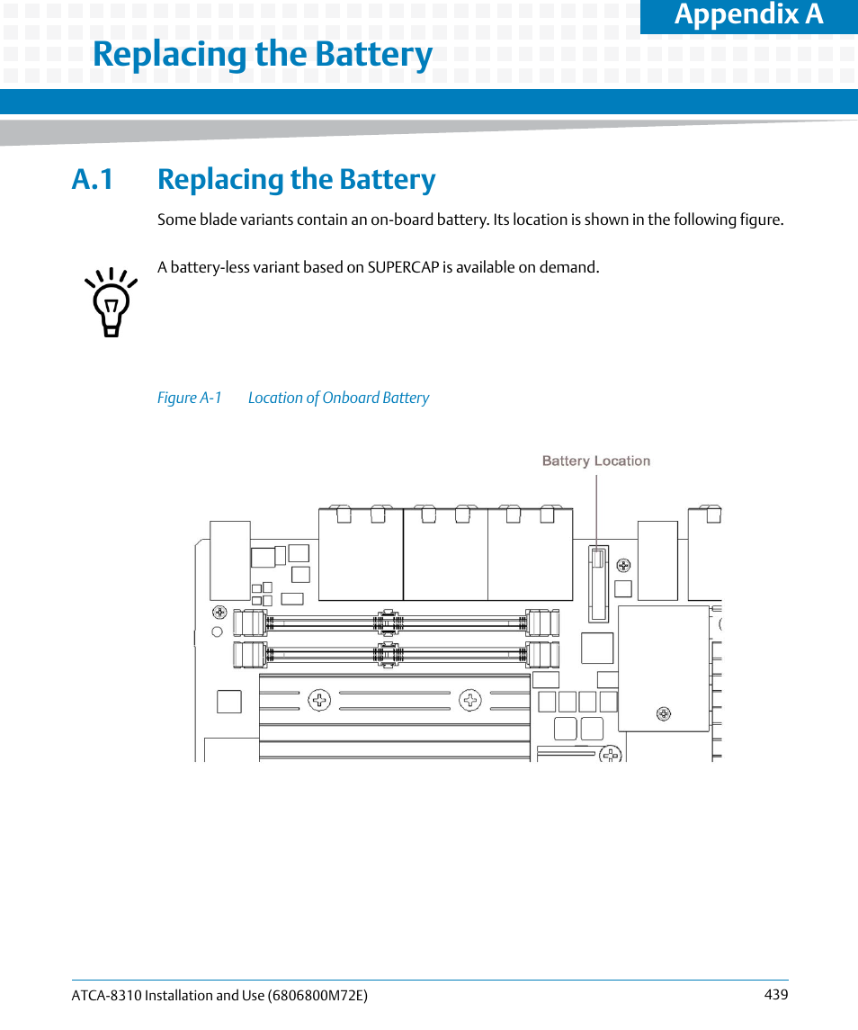 A replacing the battery, A.1 replacing the battery, Figure a-1 | Location of onboard battery, Replacing the battery, Appendix a | Artesyn ATCA-8310 Installation and Use (May 2014) User Manual | Page 439 / 456