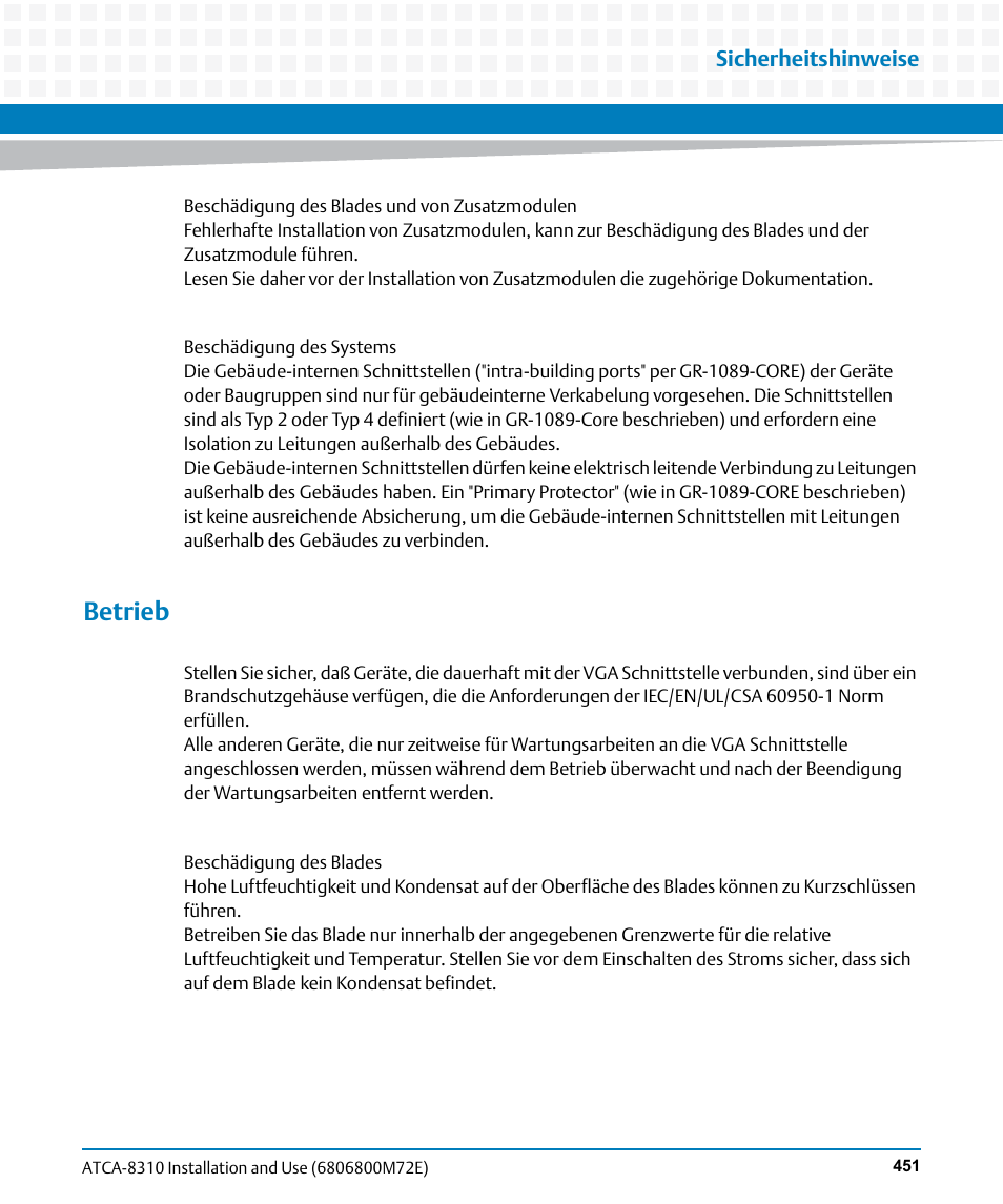 Betrieb | Artesyn ATCA-8310 Installation and Use (May 2014) User Manual | Page 451 / 456