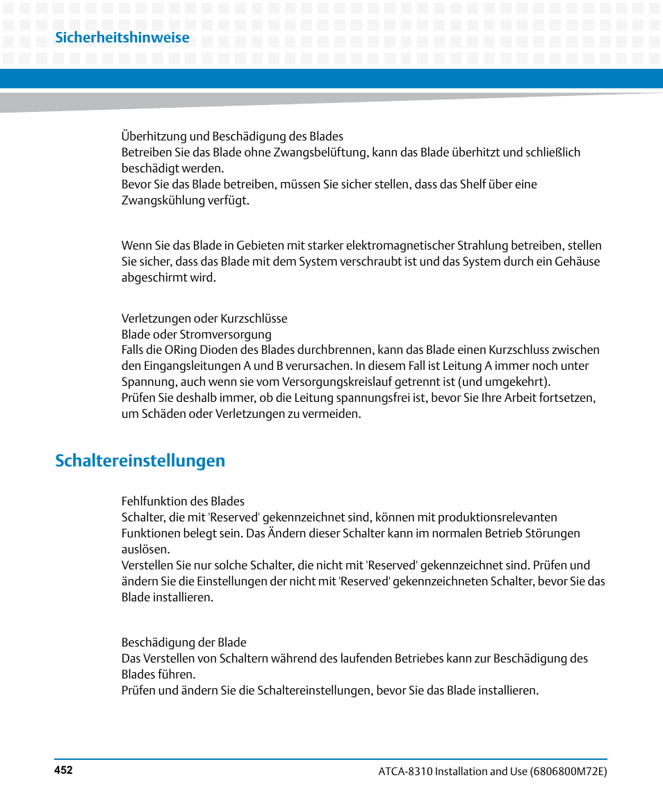 Schaltereinstellungen, Sicherheitshinweise | Artesyn ATCA-8310 Installation and Use (May 2014) User Manual | Page 452 / 456