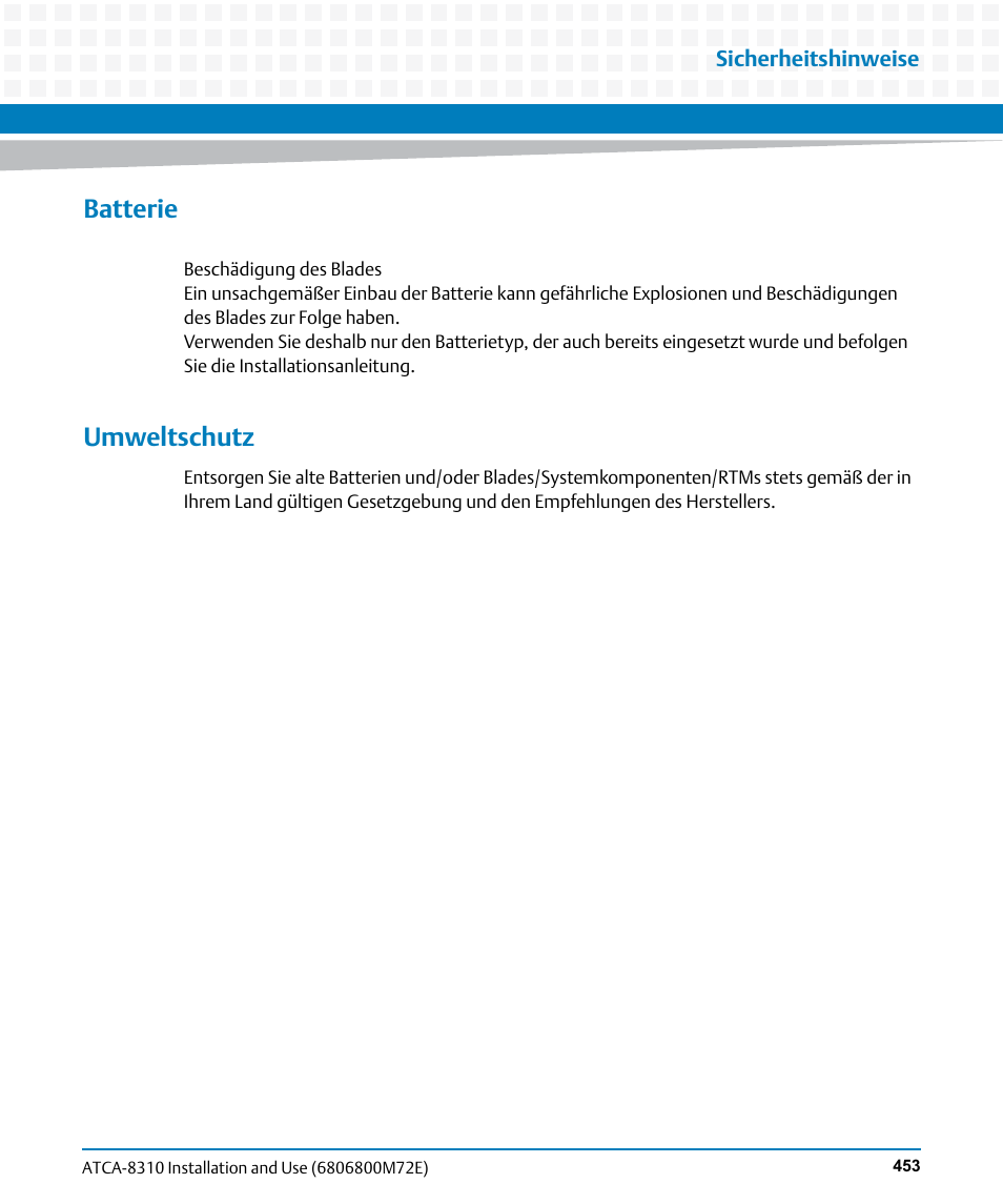 Batterie, Umweltschutz | Artesyn ATCA-8310 Installation and Use (May 2014) User Manual | Page 453 / 456