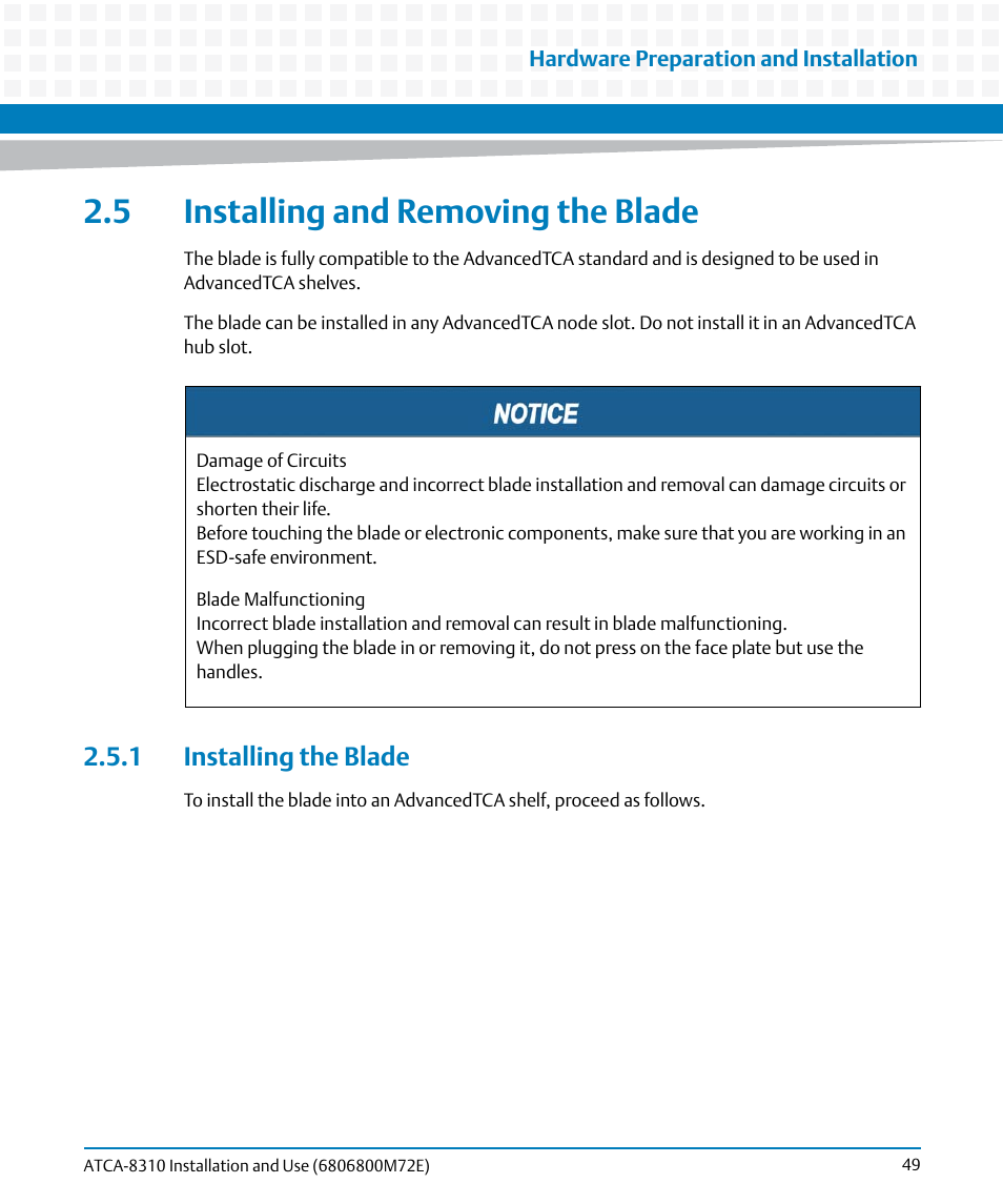 5 installing and removing the blade, 1 installing the blade | Artesyn ATCA-8310 Installation and Use (May 2014) User Manual | Page 49 / 456