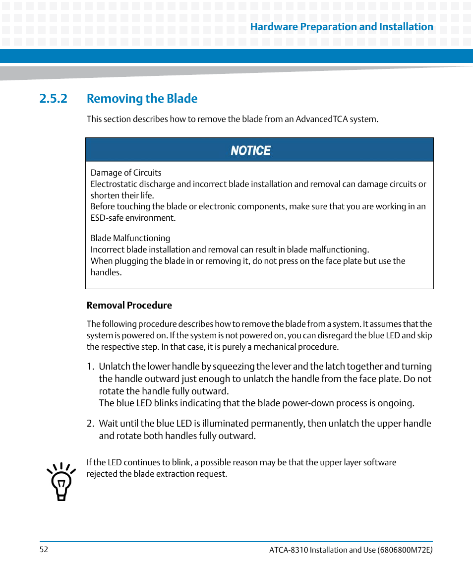 2 removing the blade | Artesyn ATCA-8310 Installation and Use (May 2014) User Manual | Page 52 / 456