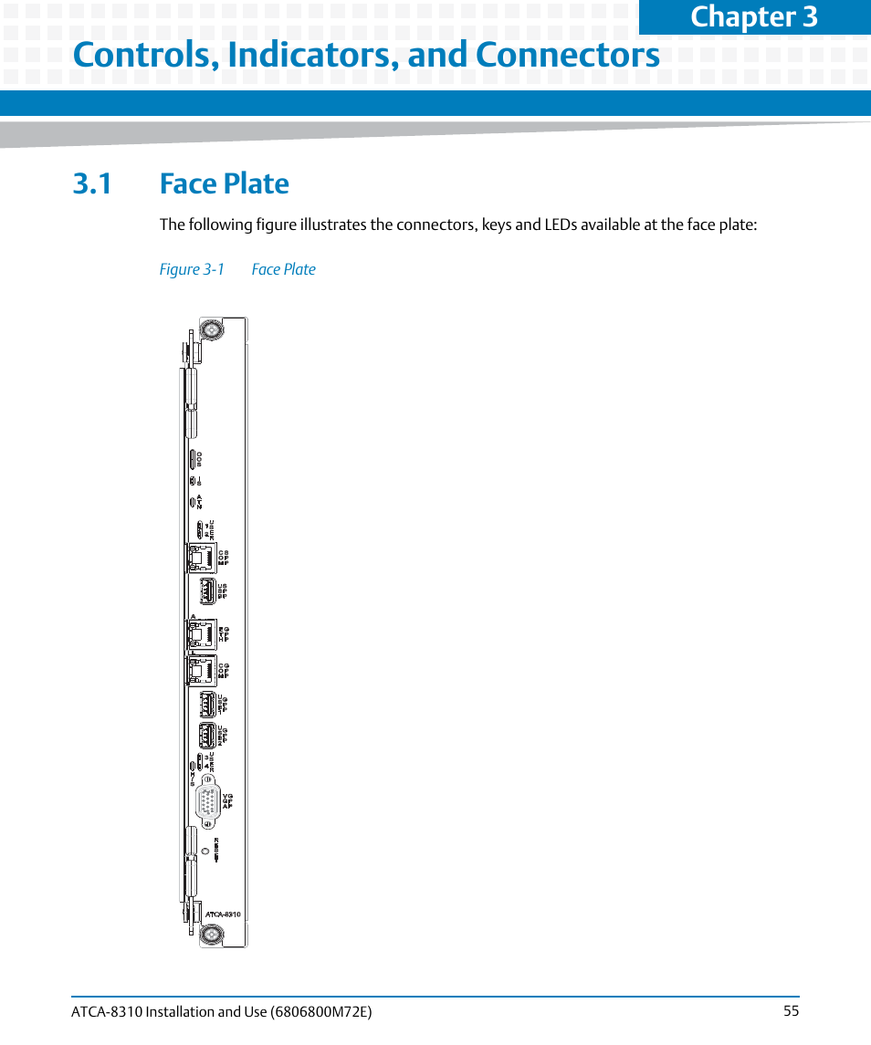 Controls, indicators, and connectors, 1 face plate, Figure 3-1 | Face plate, Chapter 3 | Artesyn ATCA-8310 Installation and Use (May 2014) User Manual | Page 55 / 456