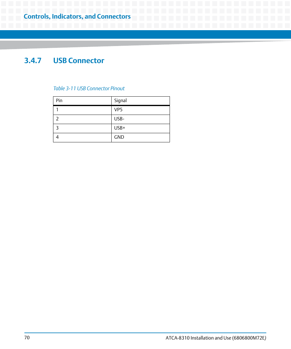 7 usb connector, Table 3-11, Usb connector pinout | Controls, indicators, and connectors | Artesyn ATCA-8310 Installation and Use (May 2014) User Manual | Page 70 / 456