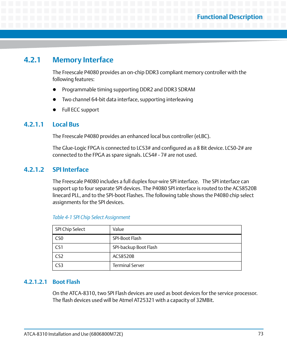 1 memory interface, 1 local bus, 2 spi interface | 1 local bus 4.2.1.2 spi interface, Table 4-1, Spi chip select assignment, Functional description | Artesyn ATCA-8310 Installation and Use (May 2014) User Manual | Page 73 / 456