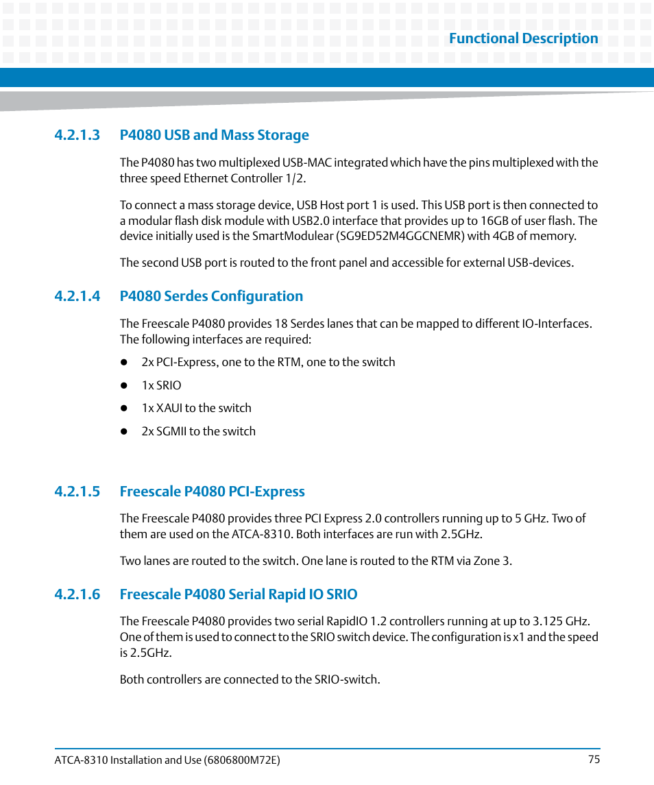 3 p4080 usb and mass storage, 4 p4080 serdes configuration, 5 freescale p4080 pci-express | 6 freescale p4080 serial rapid io srio | Artesyn ATCA-8310 Installation and Use (May 2014) User Manual | Page 75 / 456