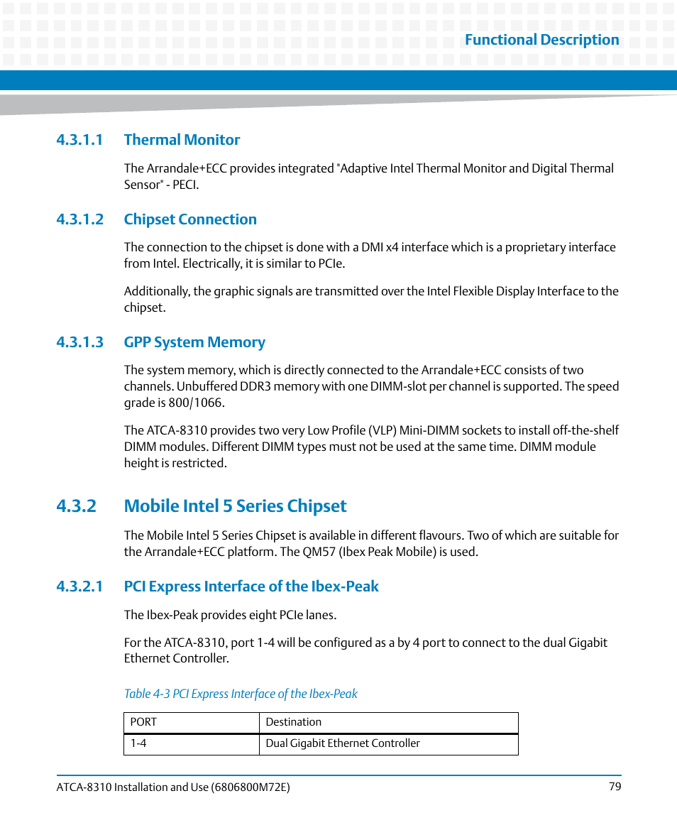 1 thermal monitor, 2 chipset connection, 3 gpp system memory | 2 mobile intel 5 series chipset, 1 pci express interface of the ibex-peak, Table 4-3, Pci express interface of the ibex-peak | Artesyn ATCA-8310 Installation and Use (May 2014) User Manual | Page 79 / 456