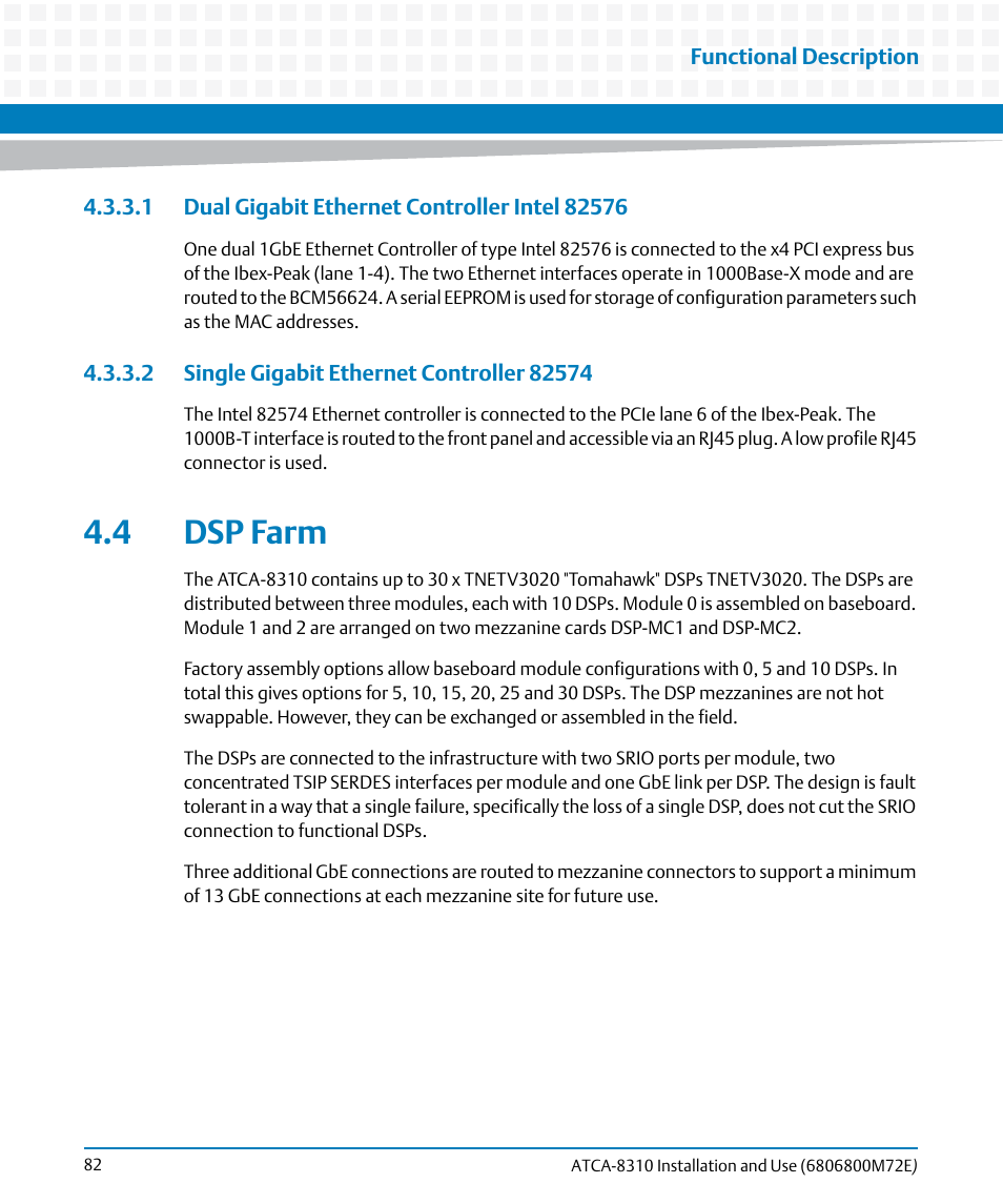 1 dual gigabit ethernet controller intel 82576, 2 single gigabit ethernet controller 82574, 4 dsp farm | Artesyn ATCA-8310 Installation and Use (May 2014) User Manual | Page 82 / 456