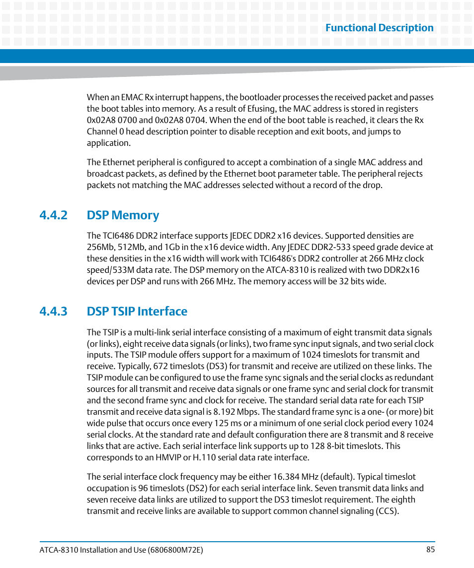 2 dsp memory, 3 dsp tsip interface, 2 dsp memory 4.4.3 dsp tsip interface | Artesyn ATCA-8310 Installation and Use (May 2014) User Manual | Page 85 / 456