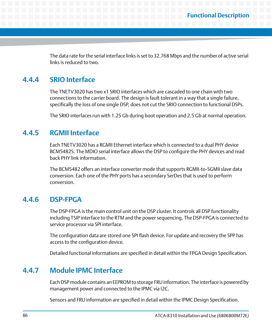 4 srio interface, 5 rgmii interface, 6 dsp-fpga | 7 module ipmc interface | Artesyn ATCA-8310 Installation and Use (May 2014) User Manual | Page 86 / 456