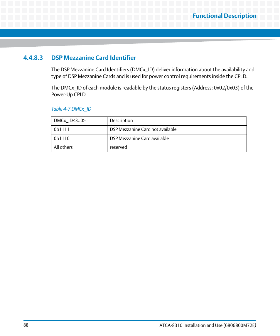 3 dsp mezzanine card identifier, Table 4-7, Dmcx_id | Functional description | Artesyn ATCA-8310 Installation and Use (May 2014) User Manual | Page 88 / 456