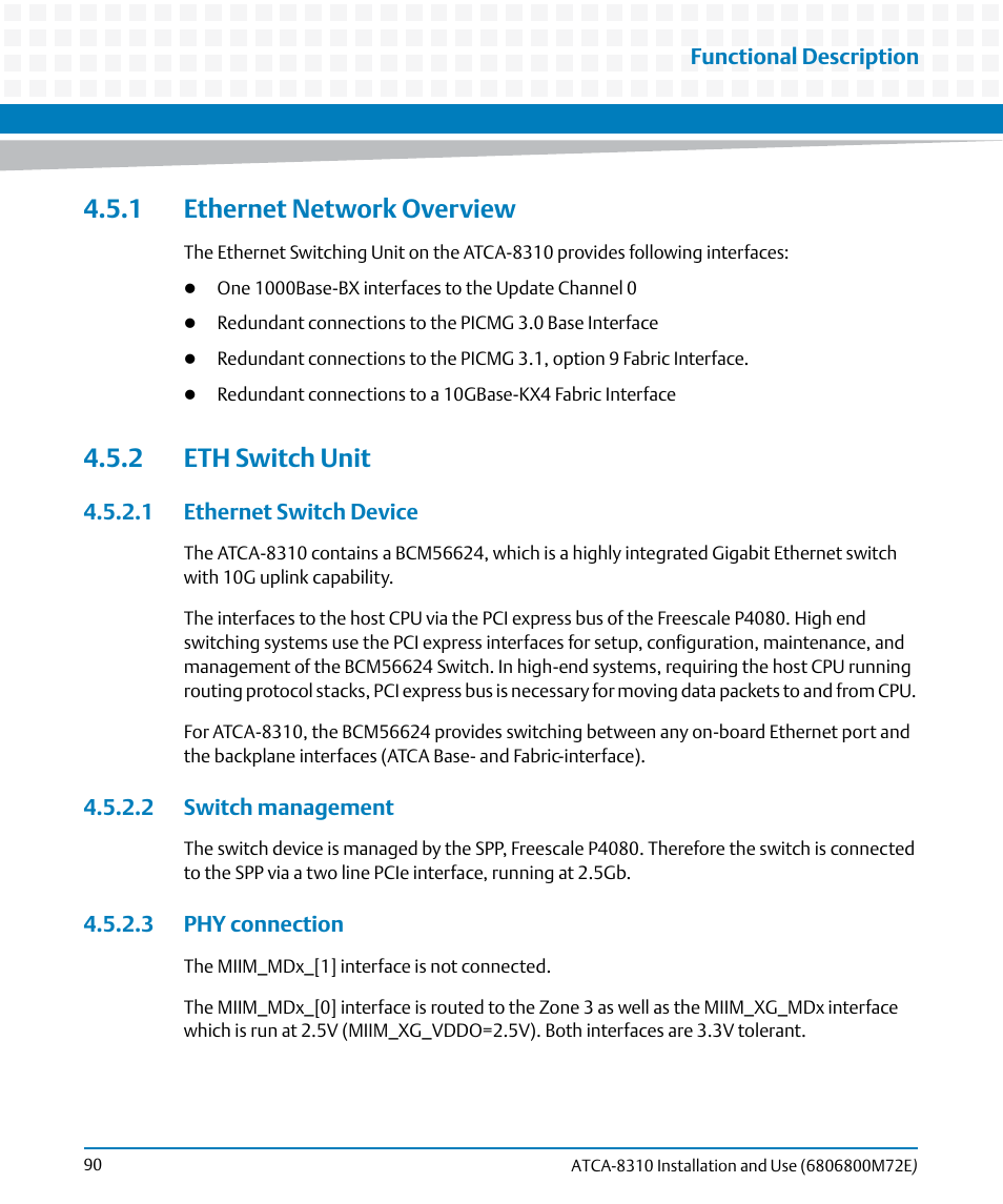 1 ethernet network overview, 2 eth switch unit, 1 ethernet switch device | 2 switch management, 3 phy connection, 1 ethernet network overview 4.5.2 eth switch unit | Artesyn ATCA-8310 Installation and Use (May 2014) User Manual | Page 90 / 456