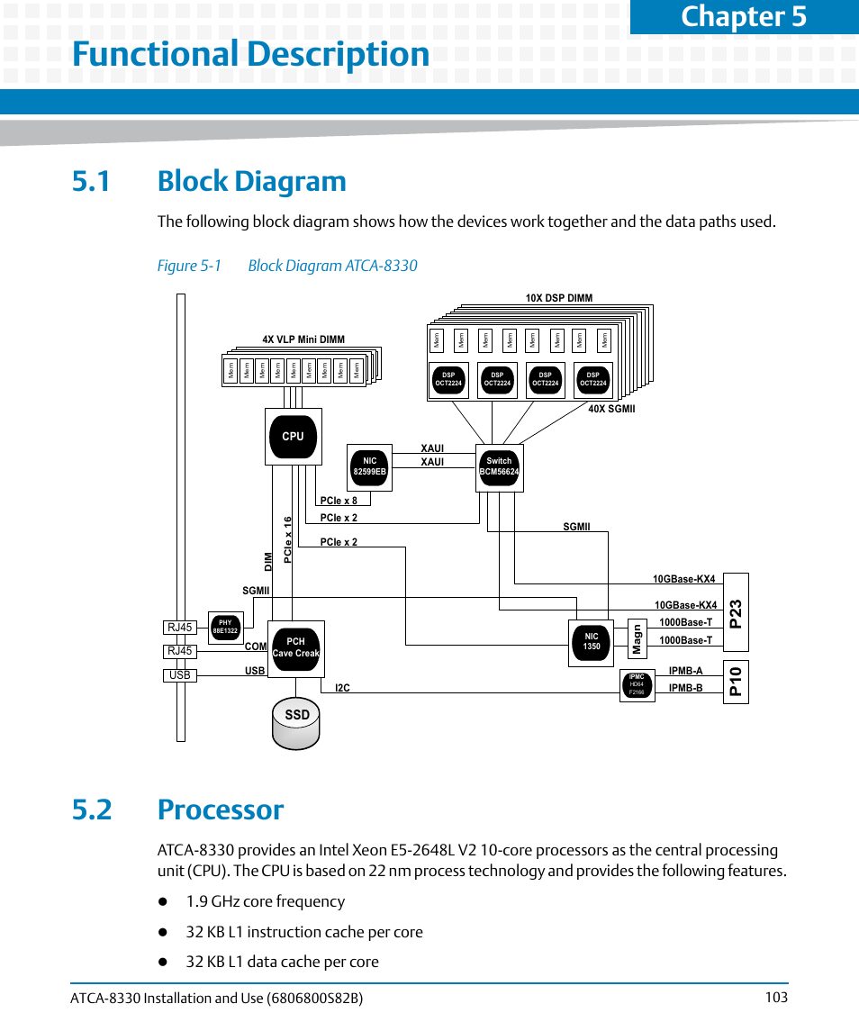 Functional description, 1 block diagram, 2 processor | 1 block diagram 5.2 processor, Figure 5-1, Block diagram atca-8330, Chapter 5, 9 ghz core frequency, 32 kb l1 instruction cache per core, P23 p10 | Artesyn ATCA-8330 Installation and Use (April 2015) User Manual | Page 103 / 236