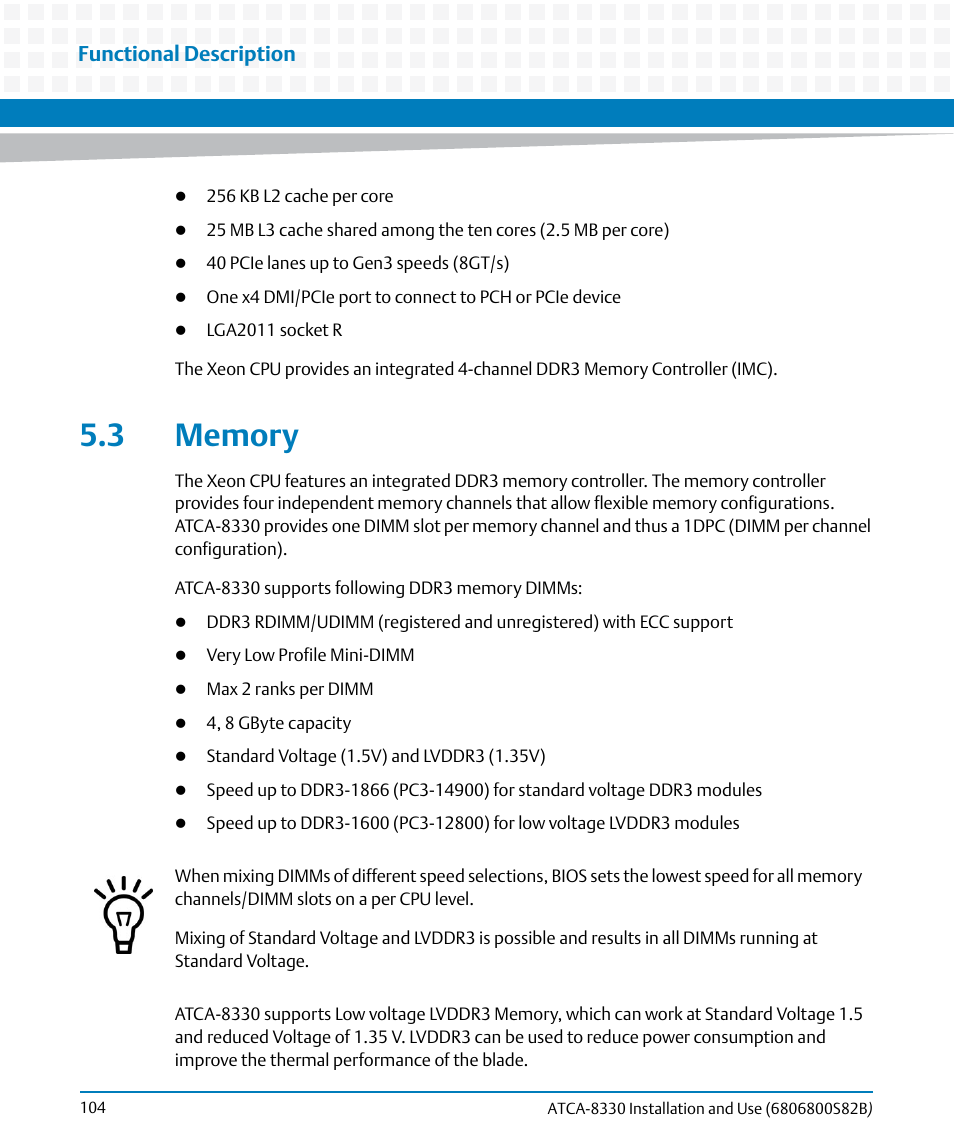 3 memory, Functional description | Artesyn ATCA-8330 Installation and Use (April 2015) User Manual | Page 104 / 236