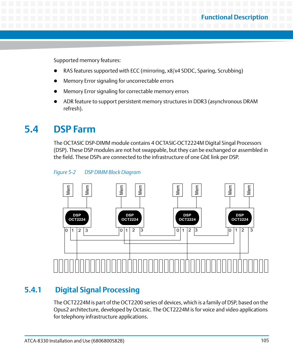 4 dsp farm, 1 digital signal processing, Figure 5-2 | Dsp dimm block diagram, Functional description | Artesyn ATCA-8330 Installation and Use (April 2015) User Manual | Page 105 / 236