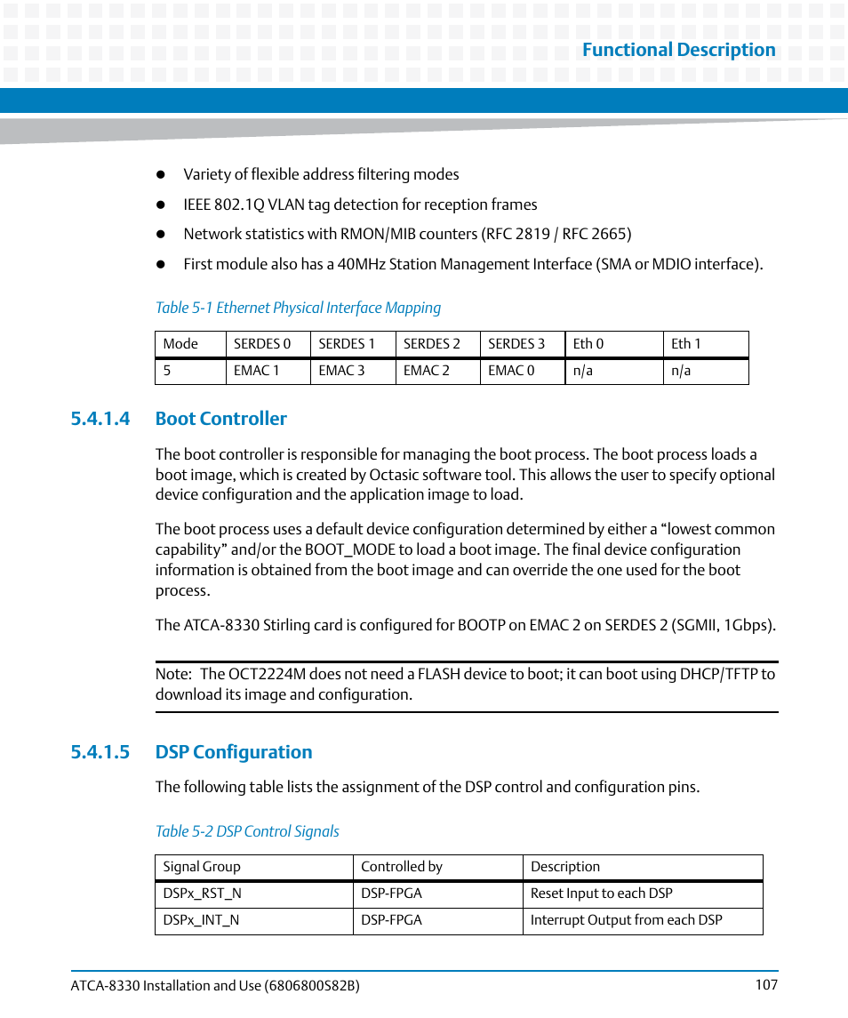 4 boot controller, 5 dsp configuration, 4 boot controller 5.4.1.5 dsp configuration | Table 5-1, Ethernet physical interface mapping, Table 5-2, Dsp control signals, Functional description | Artesyn ATCA-8330 Installation and Use (April 2015) User Manual | Page 107 / 236