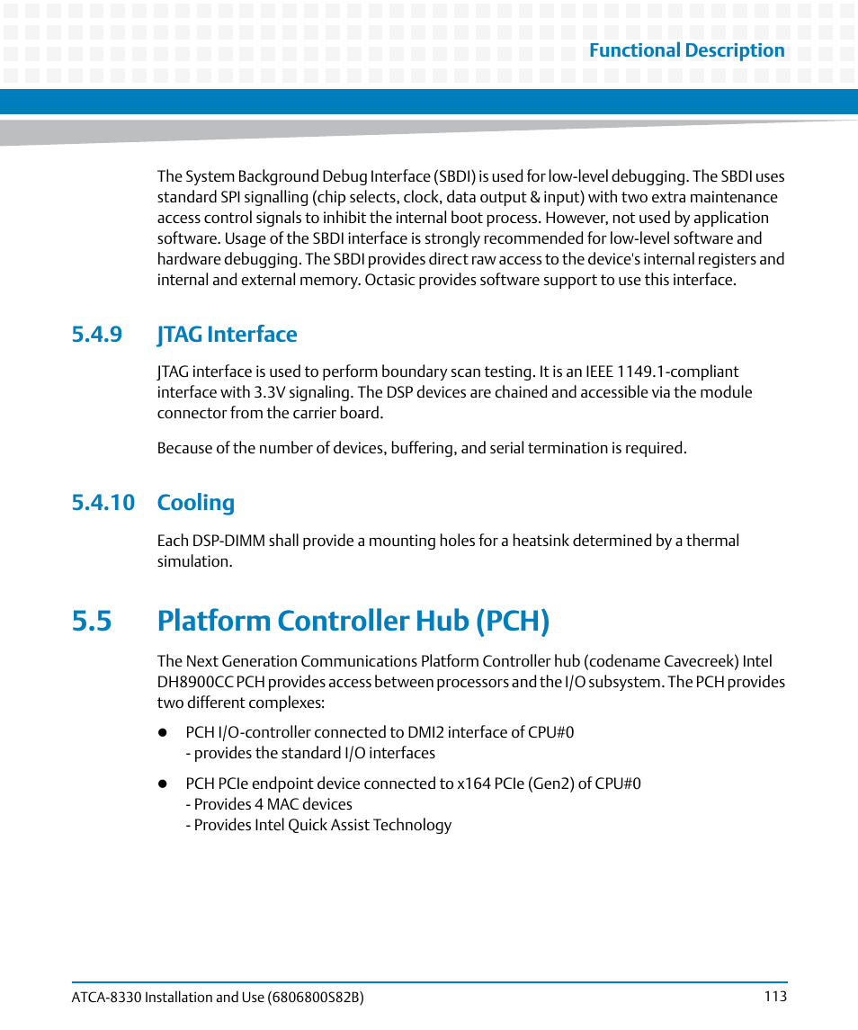9 jtag interface, 10 cooling, 5 platform controller hub (pch) | 9 jtag interface 5.4.10 cooling | Artesyn ATCA-8330 Installation and Use (April 2015) User Manual | Page 113 / 236