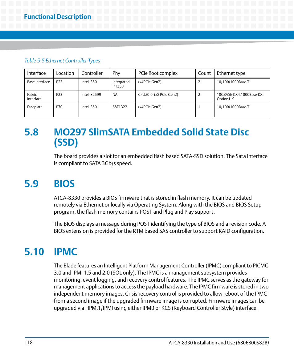 8 mo297 slimsata embedded solid state disc (ssd), 9 bios, 10 ipmc | Table 5-5, Ethernet controller types, Functional description | Artesyn ATCA-8330 Installation and Use (April 2015) User Manual | Page 118 / 236
