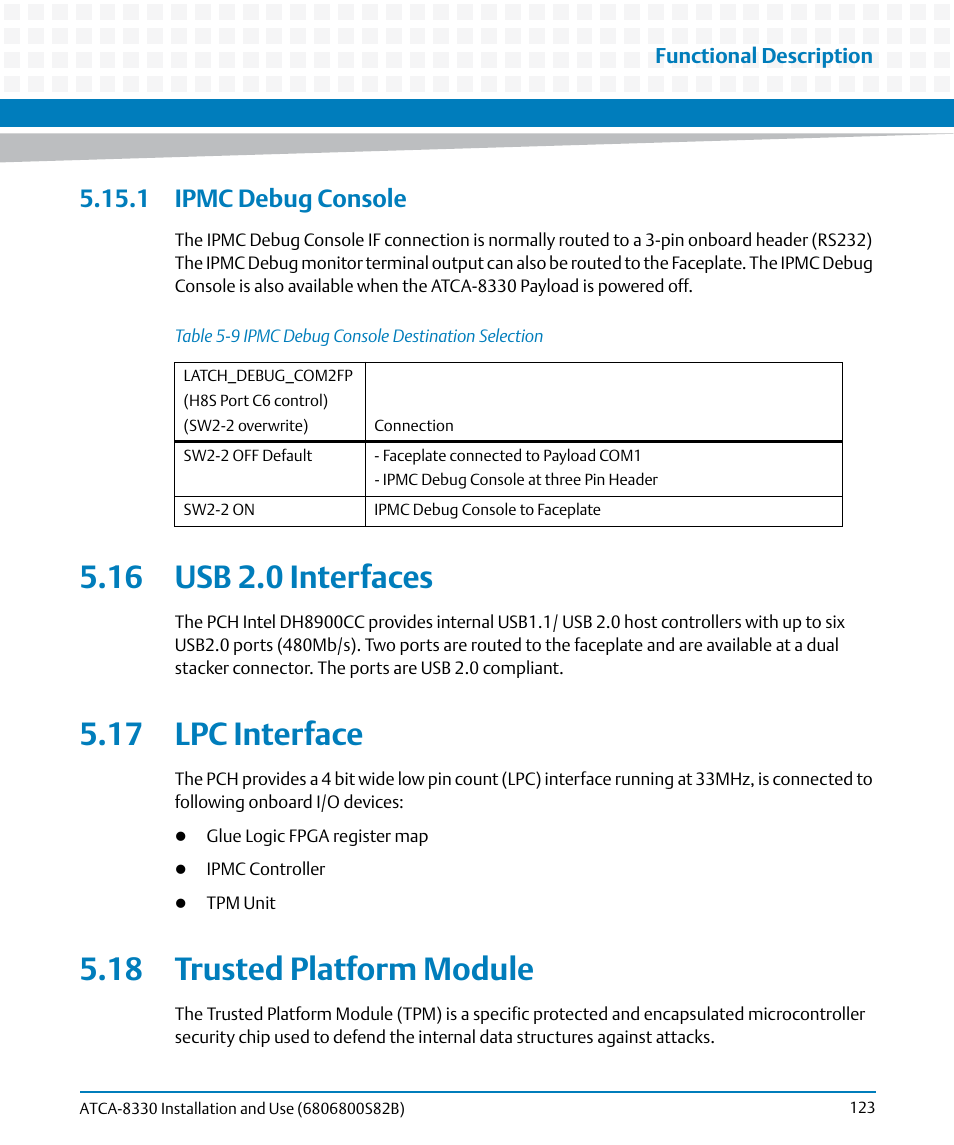 1 ipmc debug console, 16 usb 2.0 interfaces, 17 lpc interface | 18 trusted platform module, Table 5-9, Ipmc debug console destination selection | Artesyn ATCA-8330 Installation and Use (April 2015) User Manual | Page 123 / 236