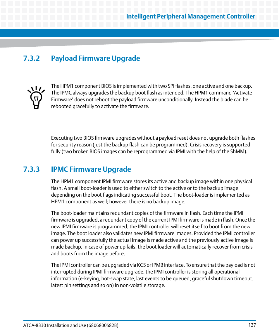 2 payload firmware upgrade, 3 ipmc firmware upgrade | Artesyn ATCA-8330 Installation and Use (April 2015) User Manual | Page 137 / 236
