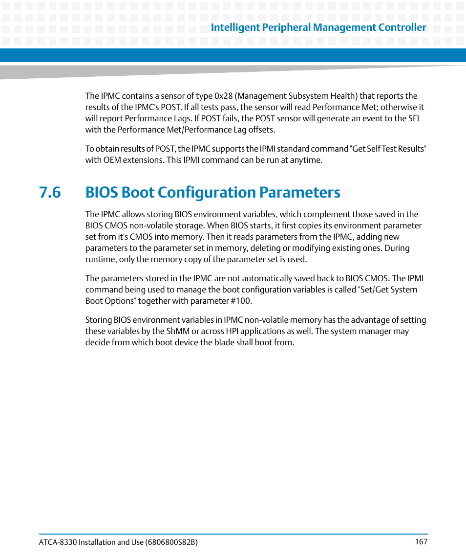 6 bios boot configuration parameters | Artesyn ATCA-8330 Installation and Use (April 2015) User Manual | Page 167 / 236