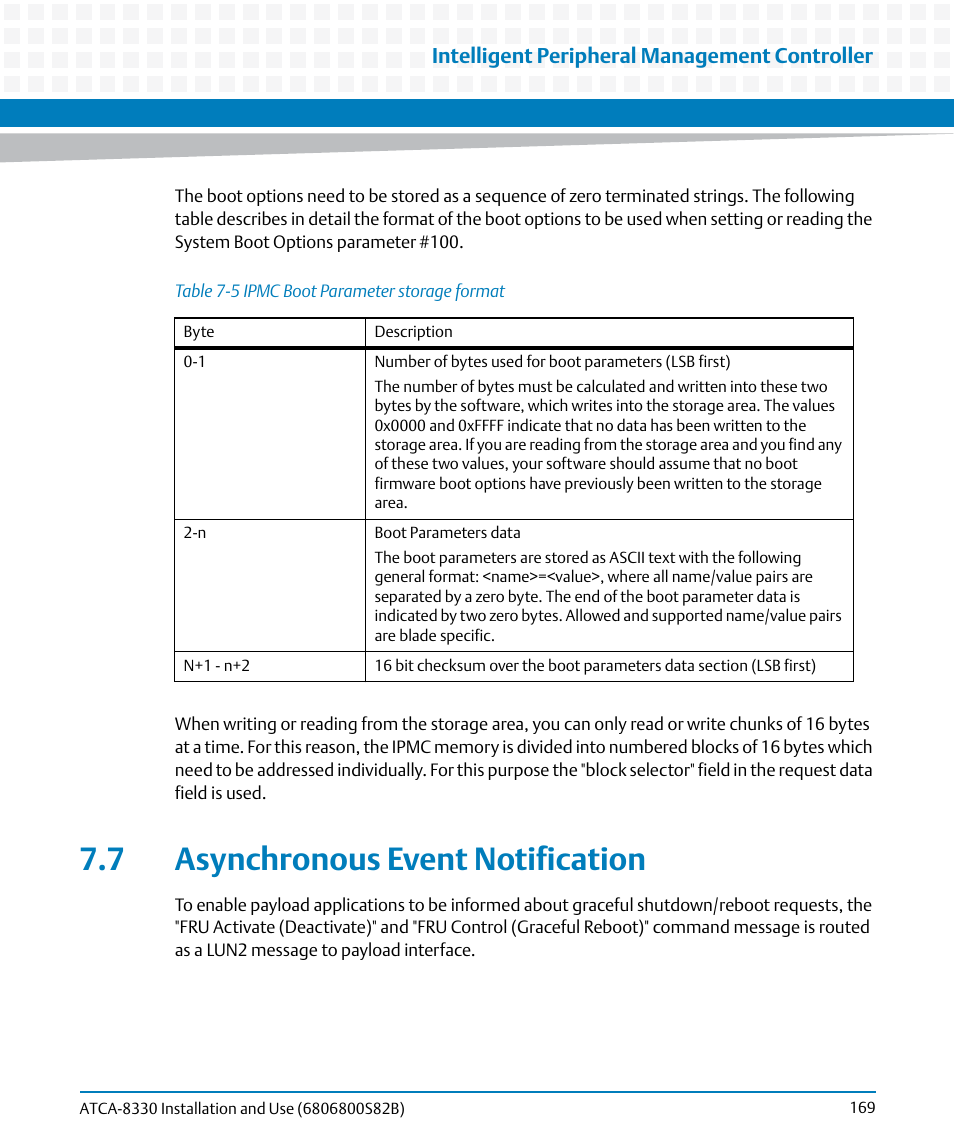 7 asynchronous event notification, Table 7-5, Ipmc boot parameter storage format | Artesyn ATCA-8330 Installation and Use (April 2015) User Manual | Page 169 / 236