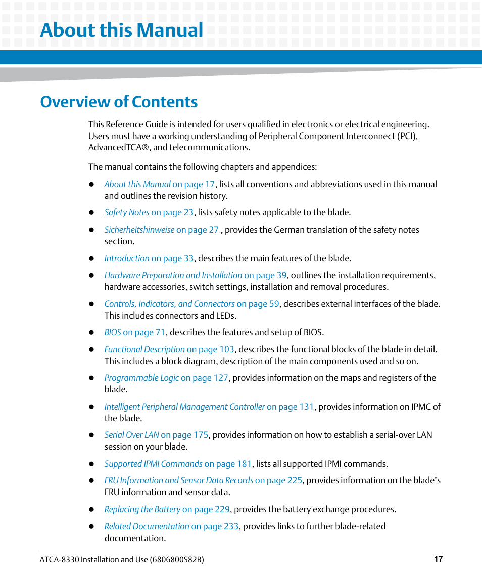 About this manual, Overview of contents | Artesyn ATCA-8330 Installation and Use (April 2015) User Manual | Page 17 / 236