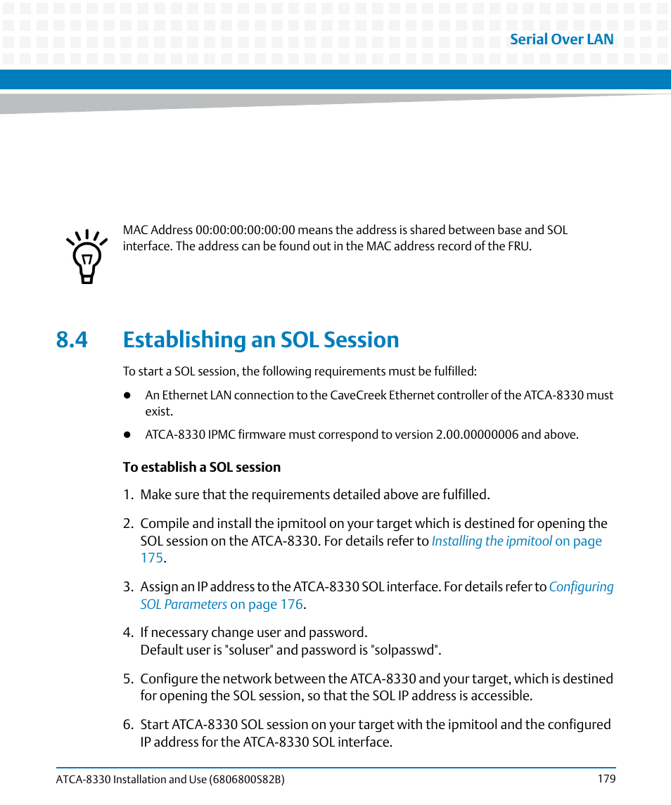 4 establishing an sol session | Artesyn ATCA-8330 Installation and Use (April 2015) User Manual | Page 179 / 236