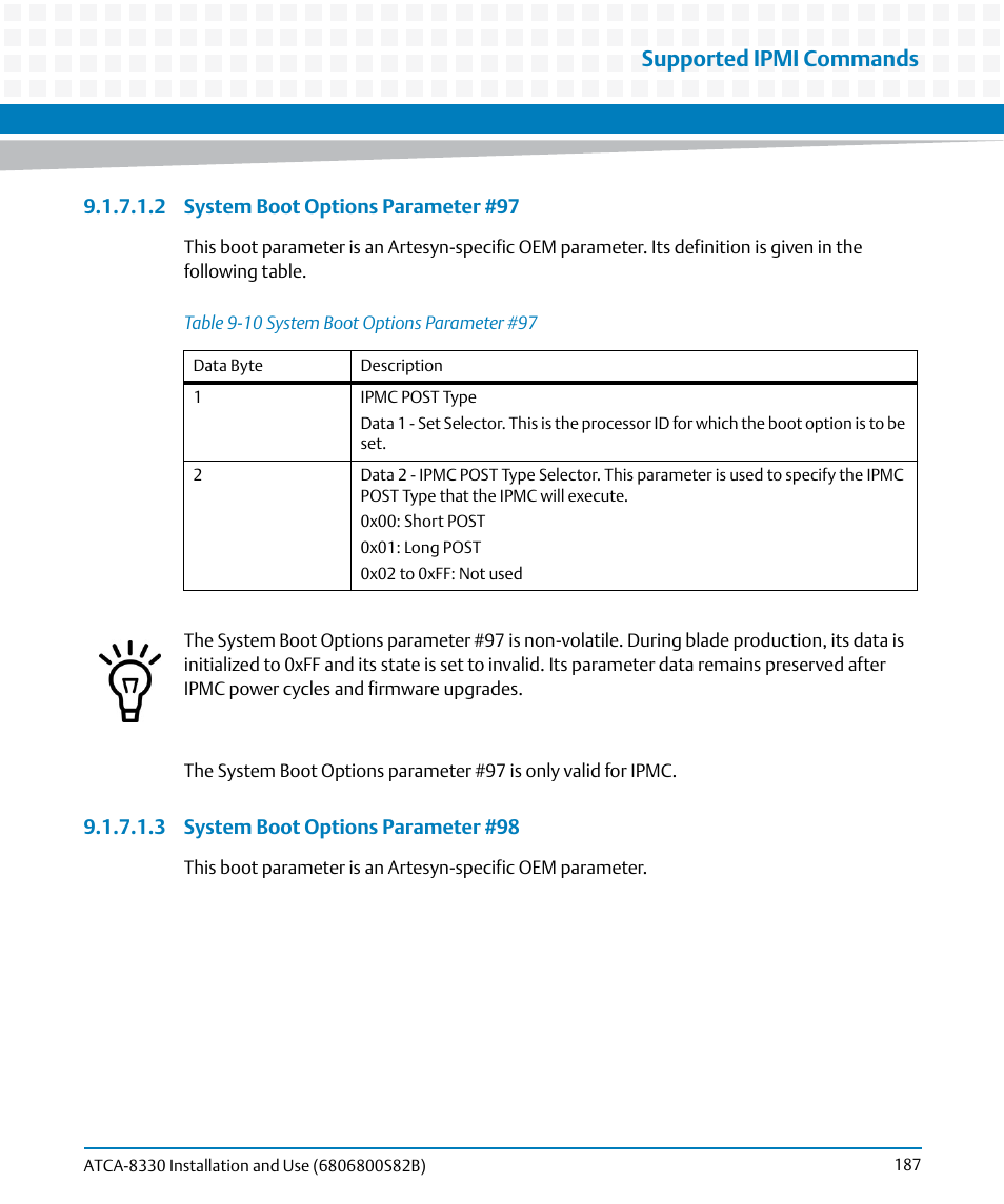 Table 9-10, System boot options parameter #97, Supported ipmi commands | Artesyn ATCA-8330 Installation and Use (April 2015) User Manual | Page 187 / 236