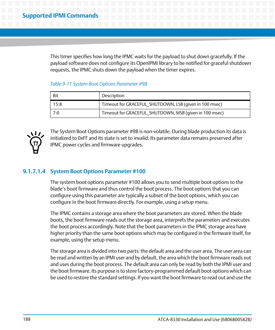 Table 9-11, System boot options parameter #98, N in | System boot options parameter #100, Supported ipmi commands | Artesyn ATCA-8330 Installation and Use (April 2015) User Manual | Page 188 / 236