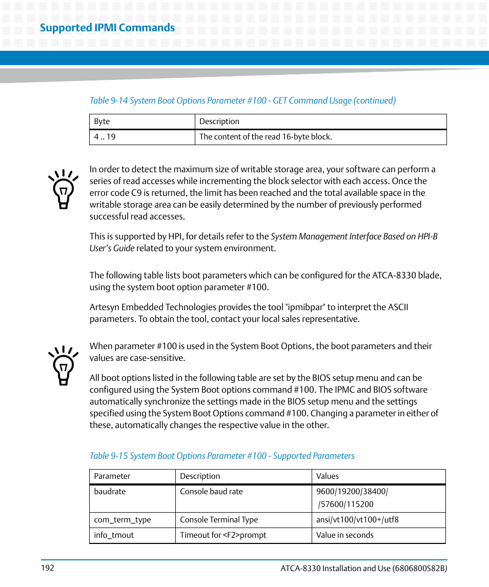 Table 9-15, Ribed in, Supported ipmi commands | Artesyn ATCA-8330 Installation and Use (April 2015) User Manual | Page 192 / 236