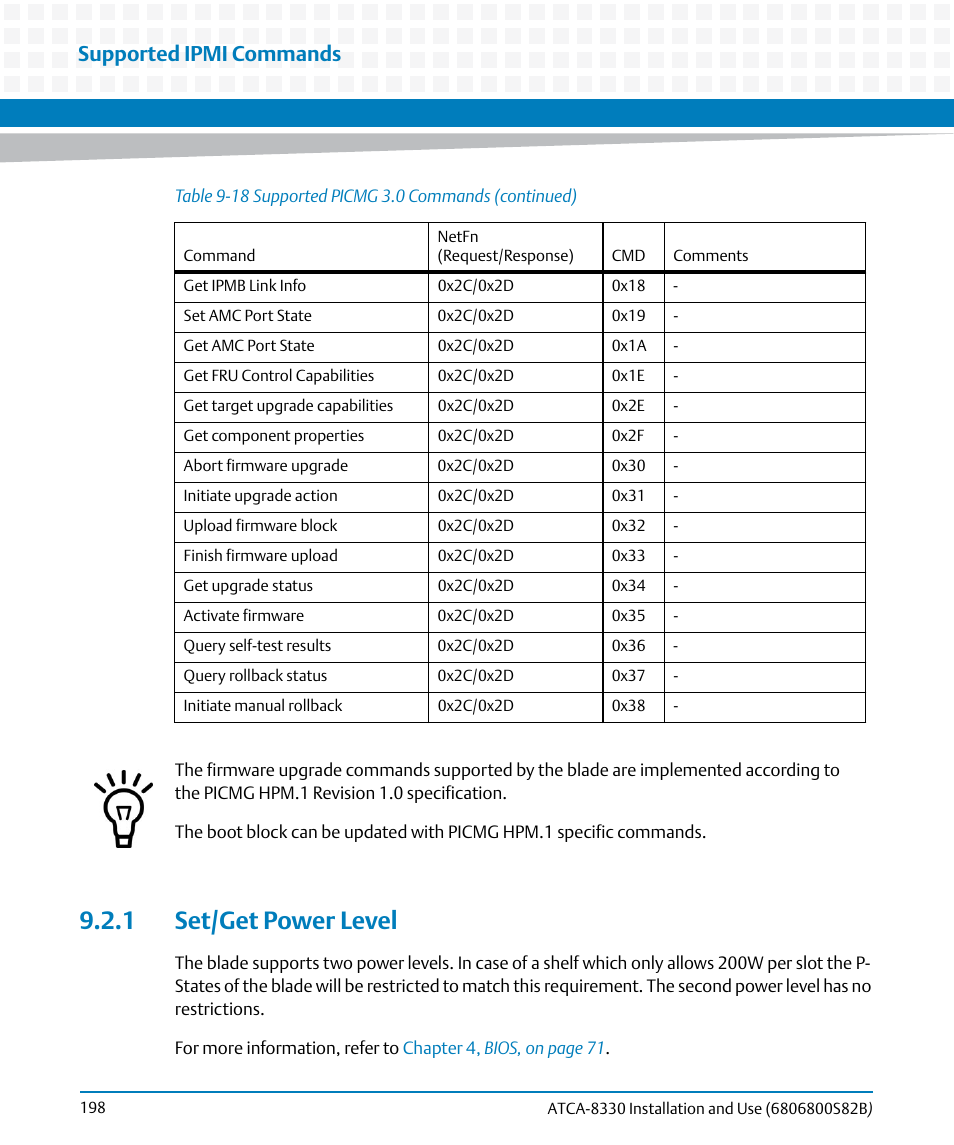 1 set/get power level, Supported ipmi commands | Artesyn ATCA-8330 Installation and Use (April 2015) User Manual | Page 198 / 236