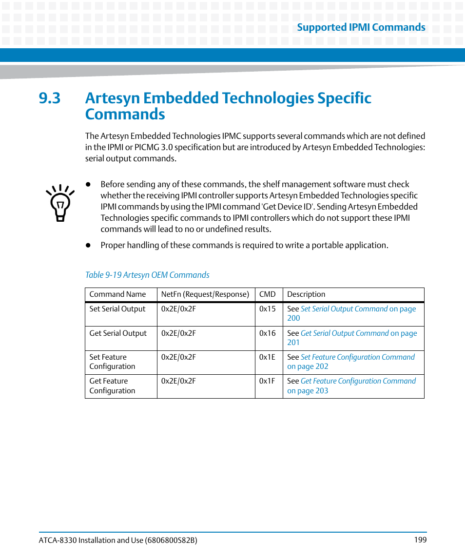 3 artesyn embedded technologies specific commands, Table 9-19, Artesyn oem commands | Supported ipmi commands | Artesyn ATCA-8330 Installation and Use (April 2015) User Manual | Page 199 / 236